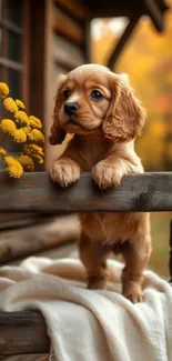 Adorable puppy on wooden railing with autumn backdrop.