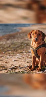 Adorable puppy sitting on a sandy beach with a harness.