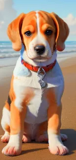 Adorable puppy sitting on a beach with ocean waves in the background.