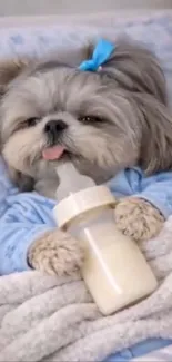 Adorable puppy in bed with bottle.