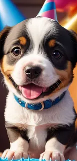 Cute puppy smiling with balloons at a birthday party celebration.