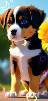 Adorable puppy sitting in front of bright sunflowers.