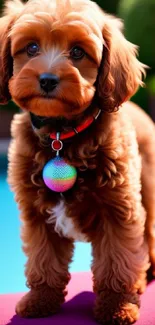 Adorable brown puppy standing by a pool on a sunny day.