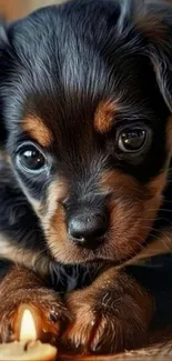 Adorable puppy with a candle creating a warm glow