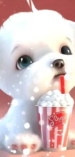 Adorable cartoon puppy with cup wallpaper.