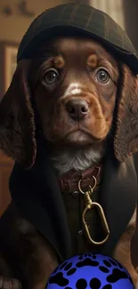 Illustration of an adorable puppy wearing a detective outfit on a mobile wallpaper.