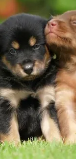 Two adorable puppies cuddling on grass background.