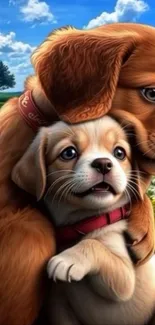 Two cute puppies cuddling outdoors with a scenic background.