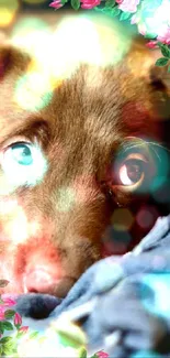 Adorable brown puppy with floral decorations on a cozy textile background.