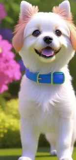 Adorable white puppy with a blue collar in a vibrant garden.