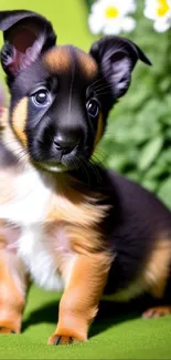 Adorable puppy sitting on green grass with vibrant flowers.