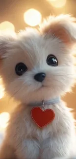 Adorable fluffy puppy with heart charm.