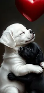 Two puppies hugging under a heart balloon.