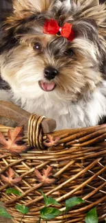 Fluffy puppy in wicker basket with red bow.