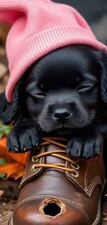 Cute puppy with pink hat sleeping on a brown shoe surrounded by autumn leaves.