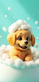 Adorable cartoon puppy in a bubble bath with teal background.