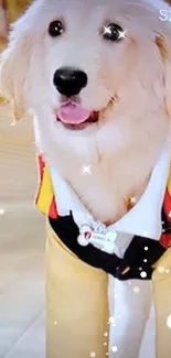 Puppy in colorful costume, smiling.