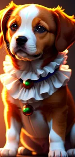 Cute puppy in ruffled costume sitting on a reflective surface.