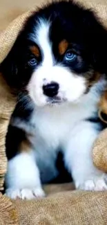 Adorable puppy with blue eyes wrapped in burlap fabric.