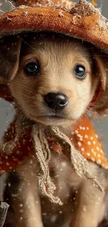 Adorable puppy wearing a cozy autumn hat with leaves.