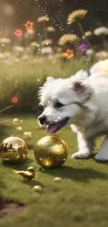 Puppy playing with golden balls in daisy field.