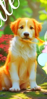 Adorable puppy with balloons in a vibrant, enchanted forest setting.