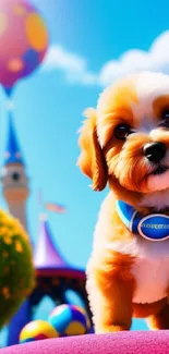 Adorable puppy in a vibrant fantasy park setting under a sunny sky.