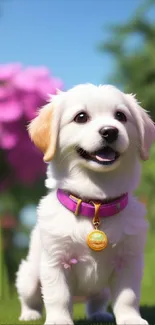 Adorable white puppy in a colorful floral garden.