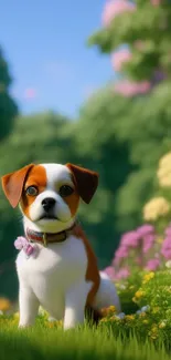 Adorable puppy sitting in a vibrant flower-filled meadow.