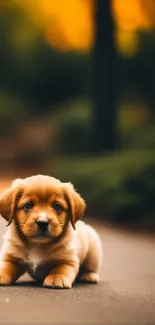 Cute puppy on forest path with golden light background.