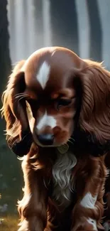 Puppy sitting in a peaceful forest scenery.