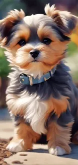 Cute puppy sitting in a vibrant garden path surrounded by colorful flowers.