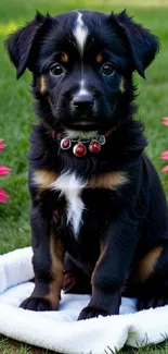 Adorable black and brown puppy with collar sitting on a white bed in the garden.