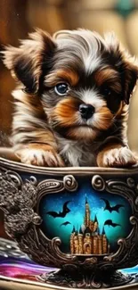 Puppy in a gothic teacup with castle design.