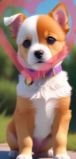 Adorable puppy sitting outdoors with a pink heart frame.