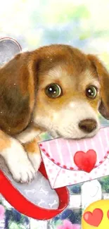 Adorable puppy in a red mailbox with hearts, surrounded by flowers.