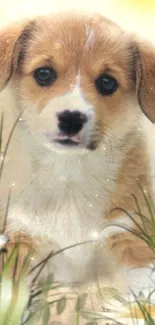 Cute puppy in sunlit natural setting with grass.