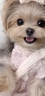 Adorable puppy wearing a pink lace dress with a bow.