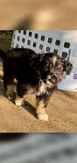 Adorable puppy standing outdoors on a sunny day.