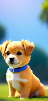 Adorable puppy sitting in a sunlit park with vibrant green grass and clear sky.