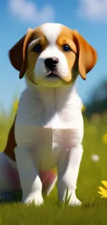 Adorable puppy in a sunny green field with flowers.