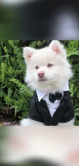 Fluffy puppy in tuxedo against green bush.