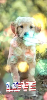 Golden retriever puppy in a forest with bokeh lights and a 'LOVE' text overlay.