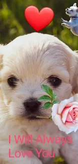 Cute puppy with heart and flower in a garden setting.