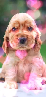 Adorable tan puppy sitting on a table with blurred background.