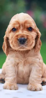 Cute golden cocker spaniel puppy sitting on a table outdoors.