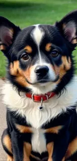 Adorable tricolor puppy with red collar sitting on a sidewalk.