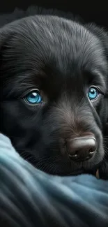 Adorable black puppy with blue eyes on a cozy blanket.