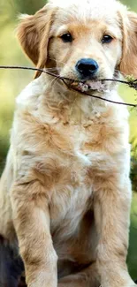 Adorable puppy holding a stick in a forest.