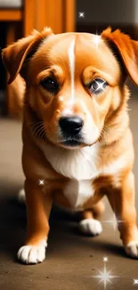 Cute brown puppy with big eyes on carpeted floor.